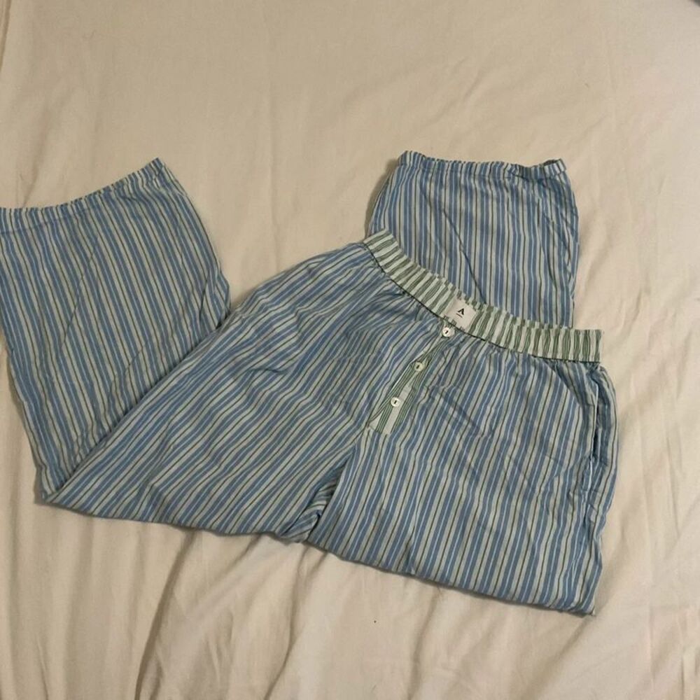Anthropologie Blue Green Striped Pajama Pants Size S Button Fly Lounge Sleepwear